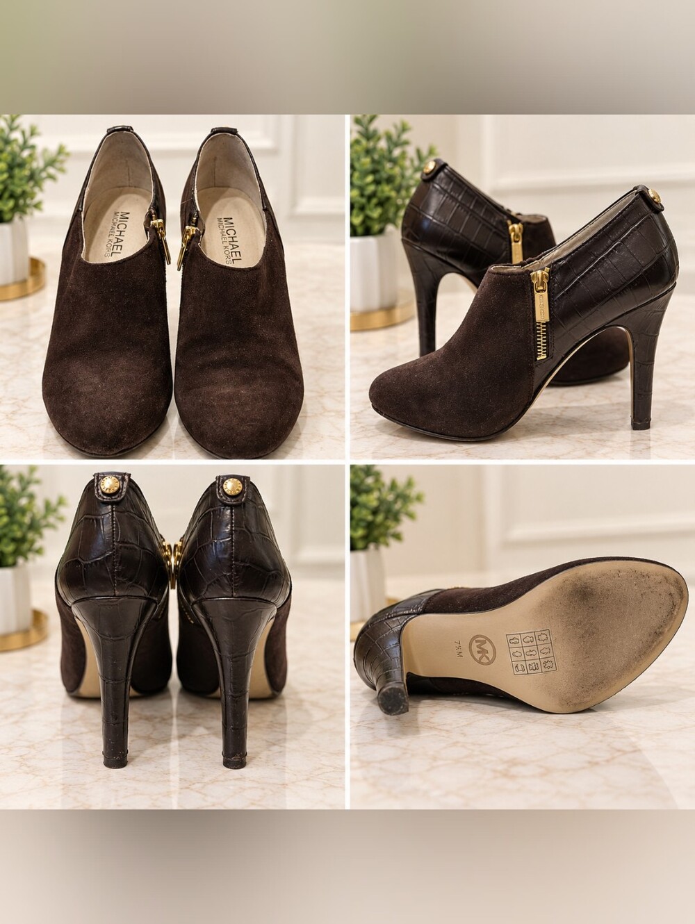 Michael Kors Brown Suede & Croc Embossed Ankle Booties Heels Size 7.5M